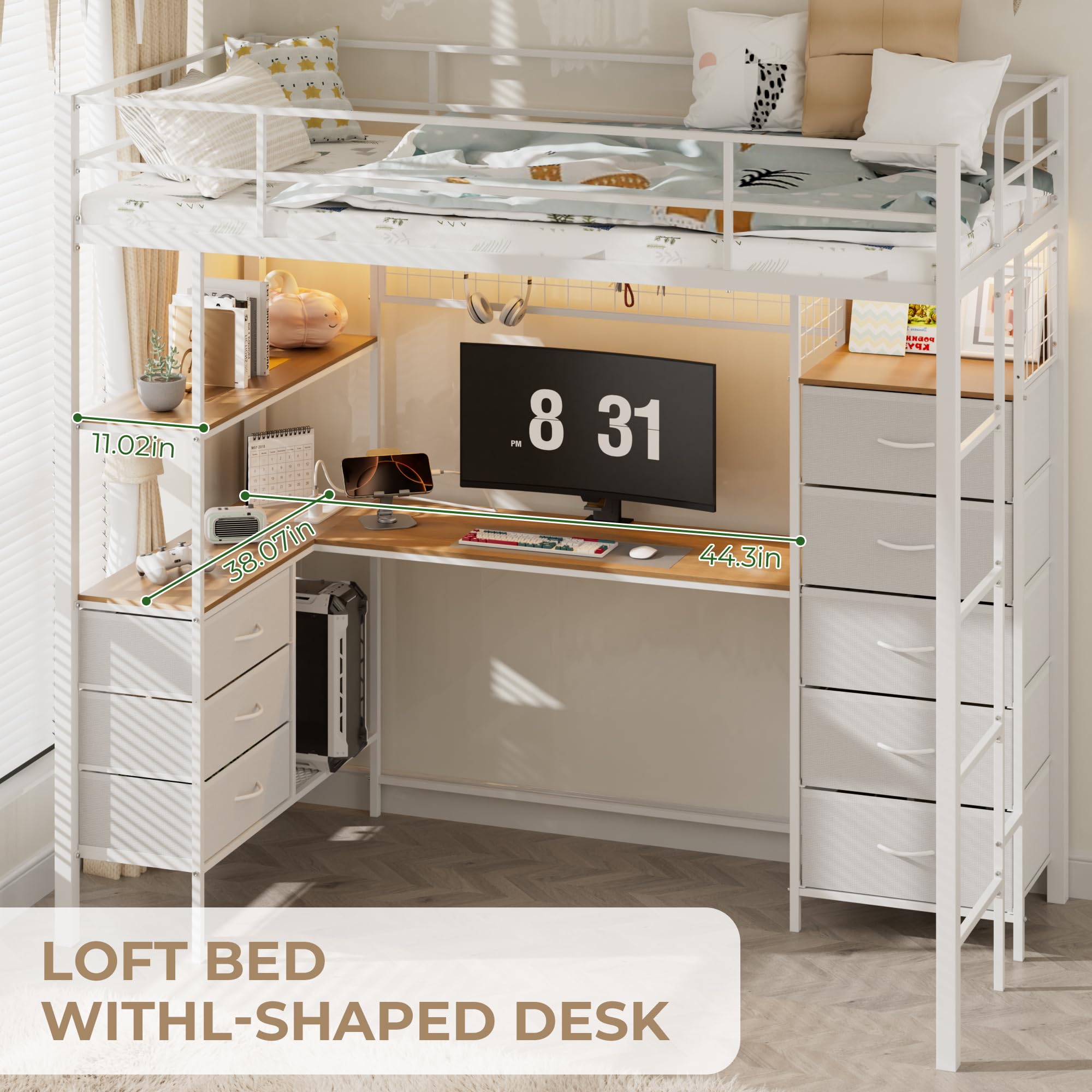 Twin Loft Bed with Desk & LED Lights