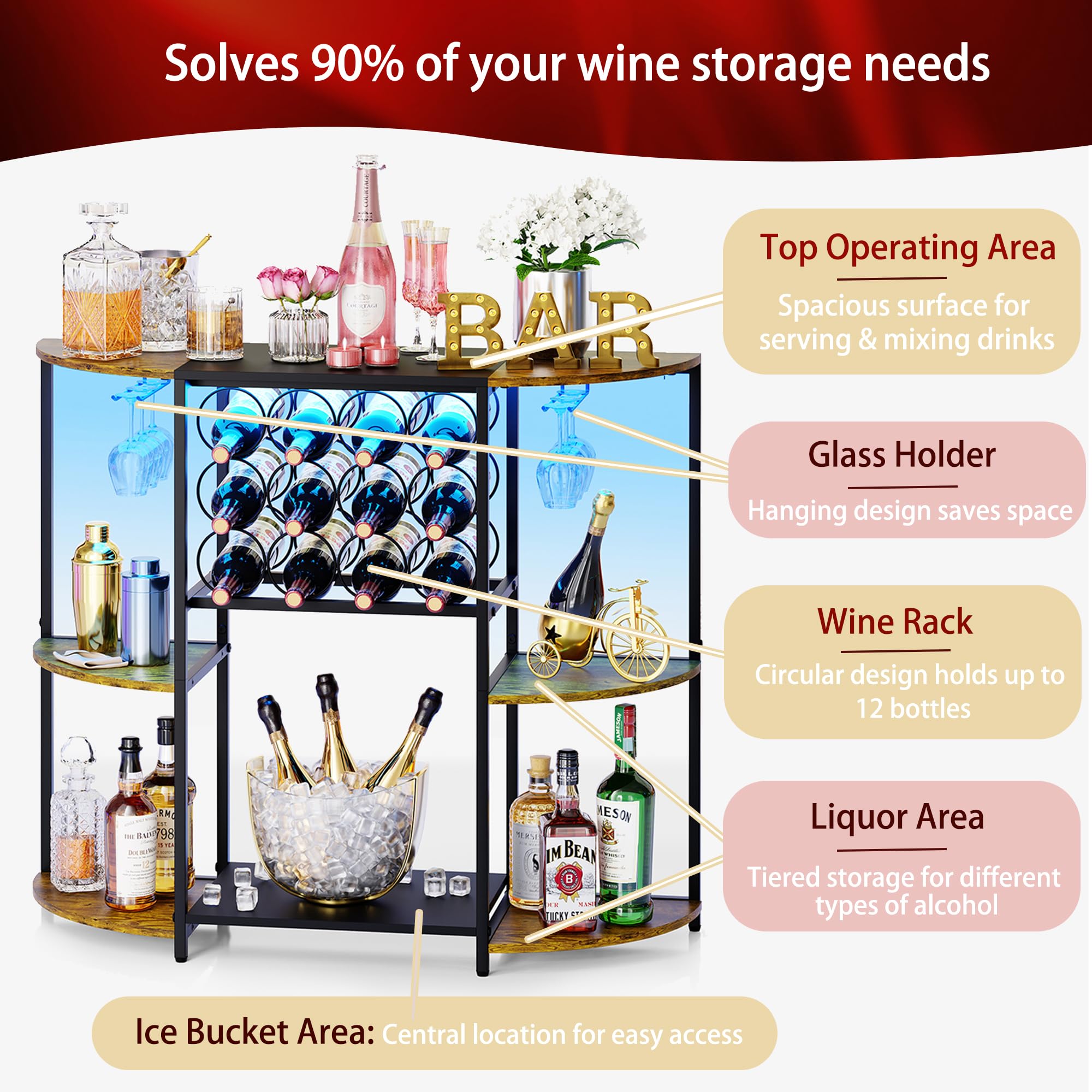 3-Tier Wine Bar Cabinet with LED Lights & Glass Holder