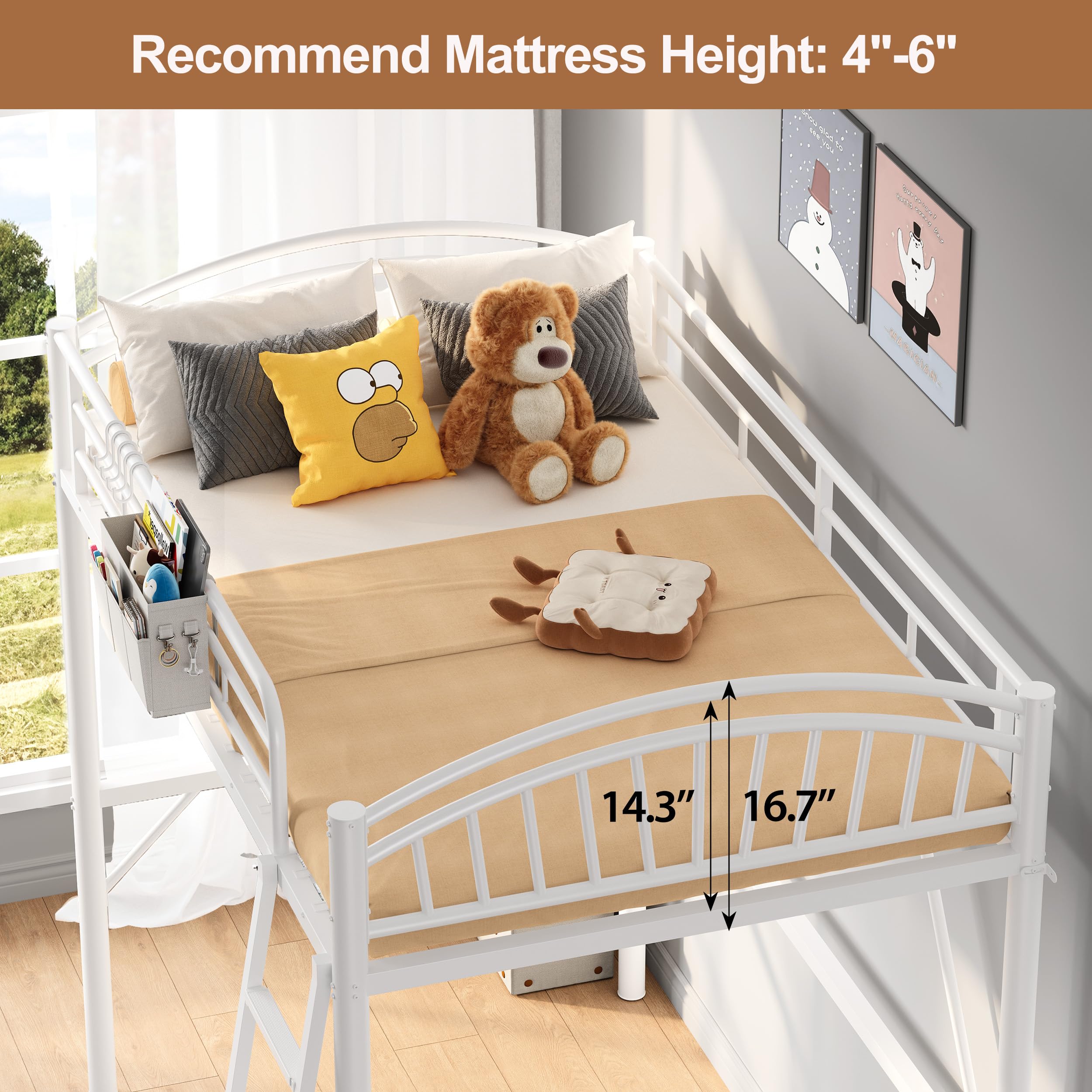 Twin Metal Loft Bed with Convertible Ladder
