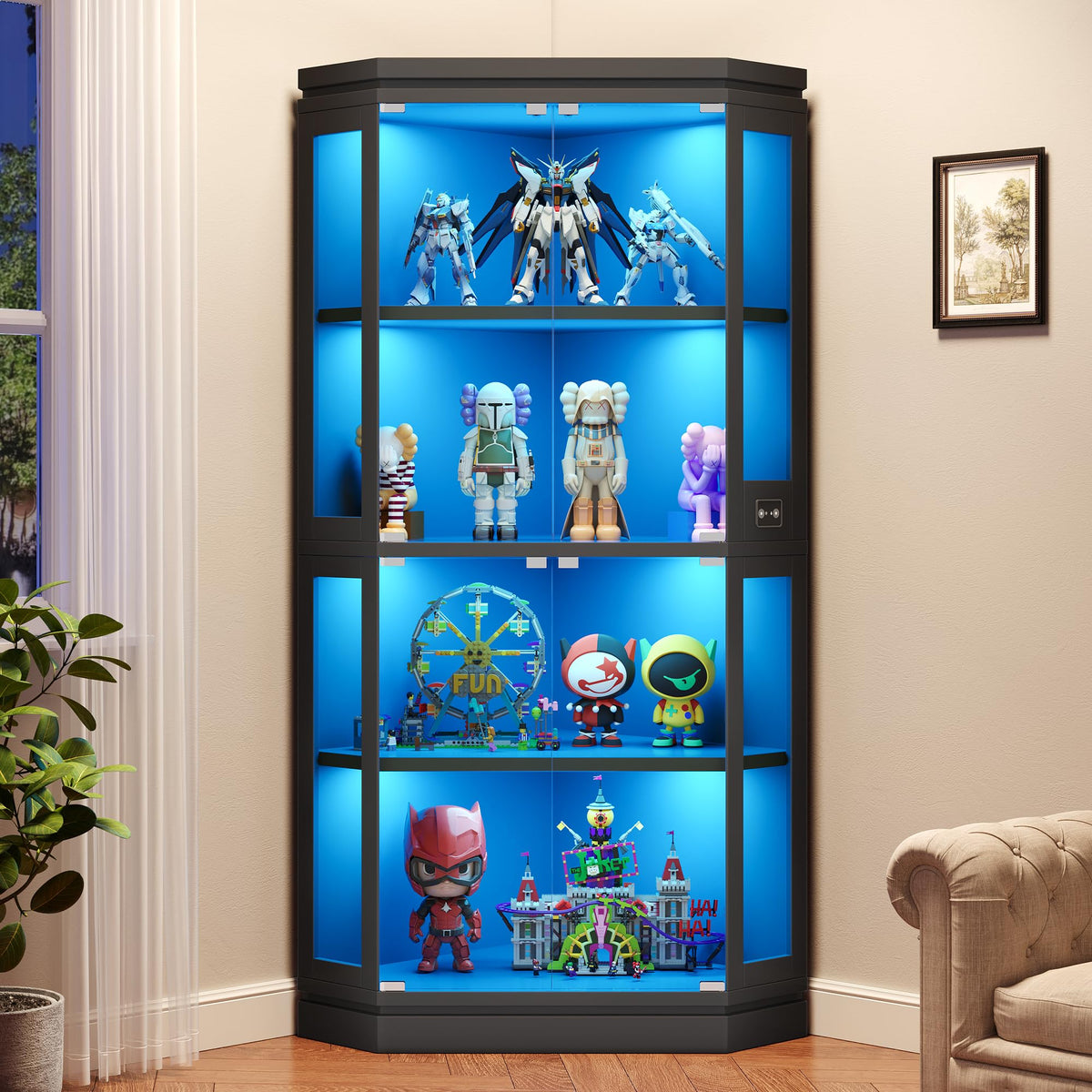 Jocoevol 67" Tall Corner Glass Display Cabinet with Multi-Color RGB Lights