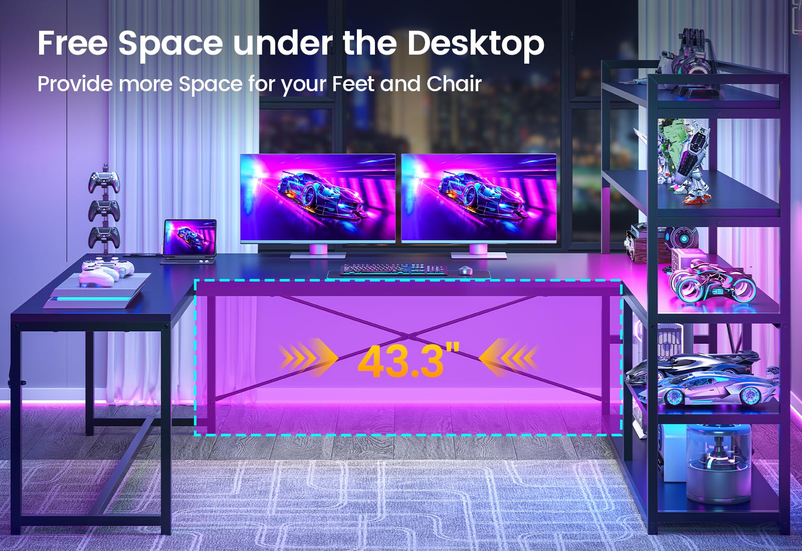 L-Shaped Gaming Desk with LED Lights & Storage Shelves