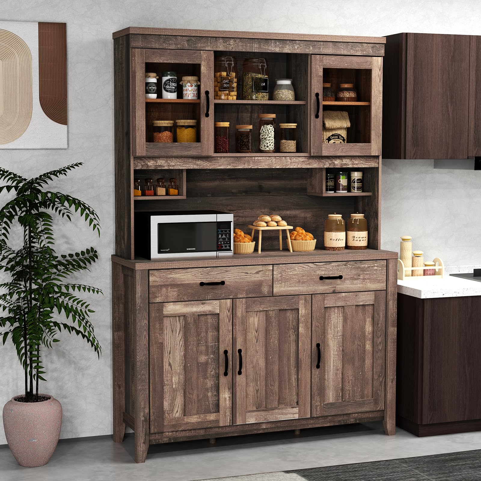 Tall Kitchen Hutch Storage Cabinet with Glass Doors & Microwave Shelf