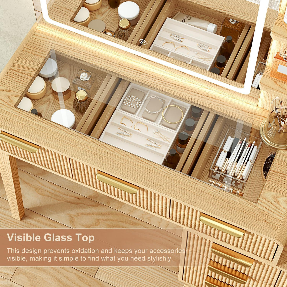 Glass-Top Makeup Vanity with LED Mirror