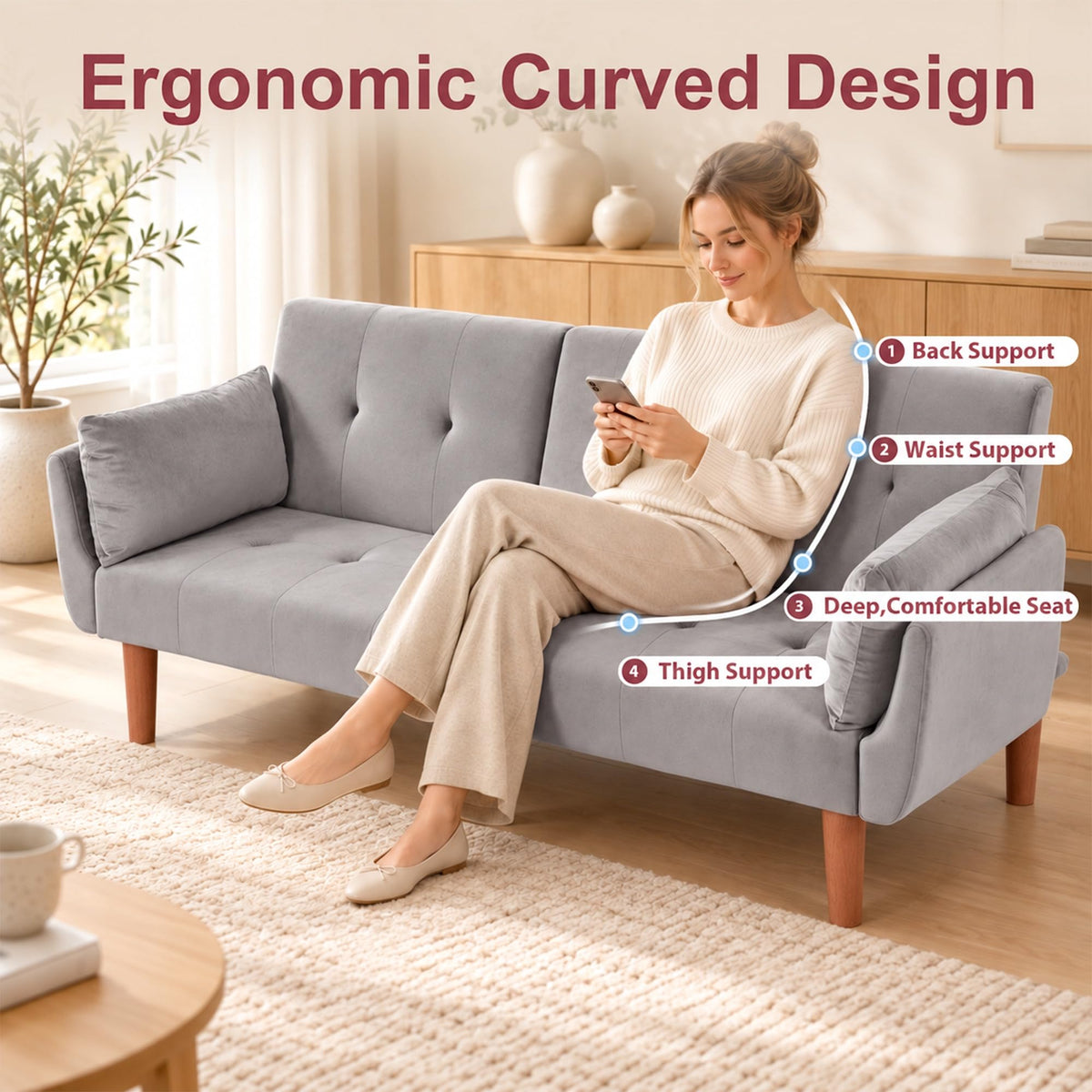 Modern 72 In Velvet Sofa Bed Futon, Tufted Recliner Loveseat Design (Gray)