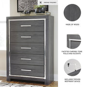 Signature Design by Ashley Lodanna Modern Glam 5 Drawer Chest, Faceted Chrome-tone Pulls and Accents, Wood, 33.75" Wide x 15.75" Deep x 51" High, Gray