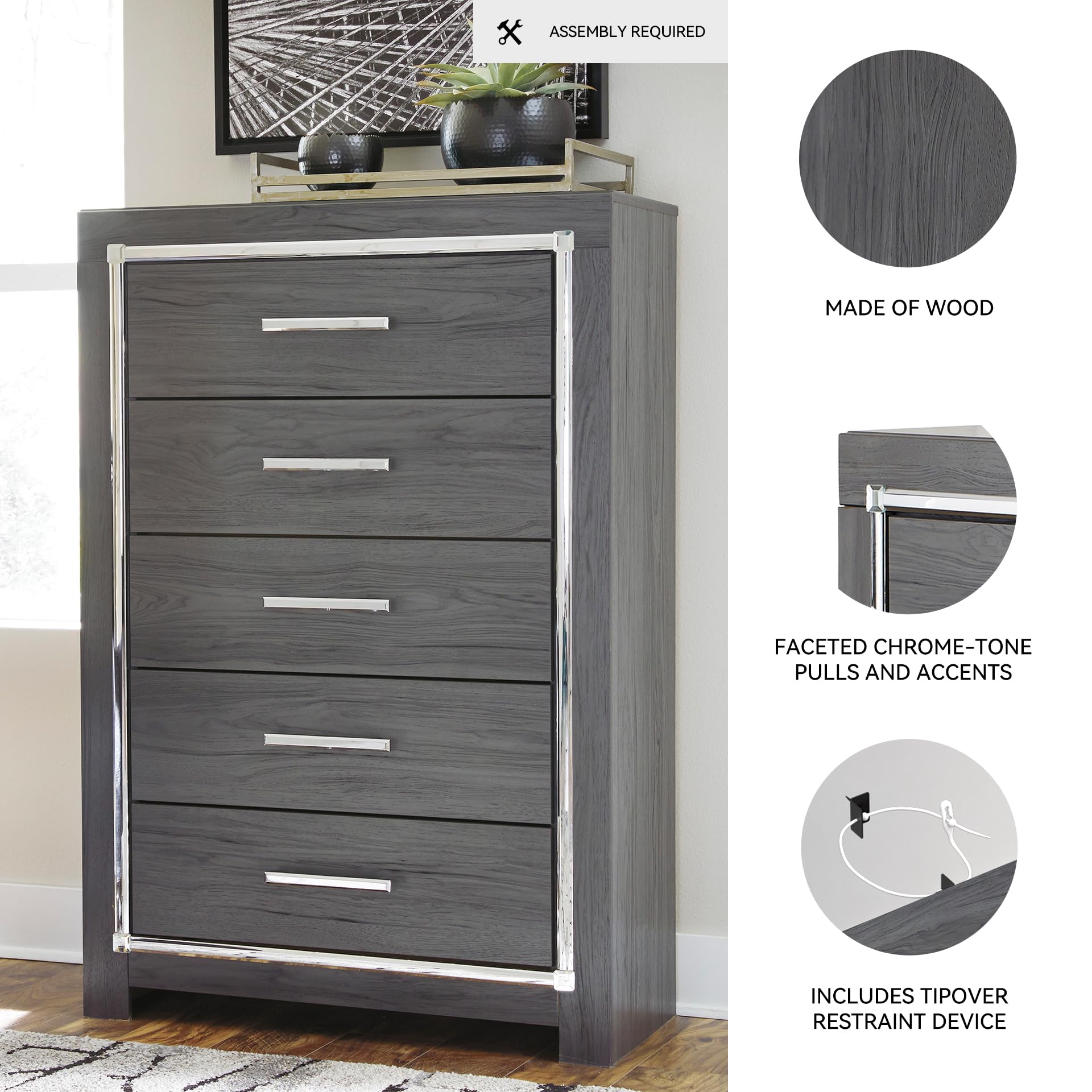 Signature Design by Ashley Lodanna Modern Glam 5 Drawer Chest, Faceted Chrome-tone Pulls and Accents, Wood, 33.75" Wide x 15.75" Deep x 51" High, Gray