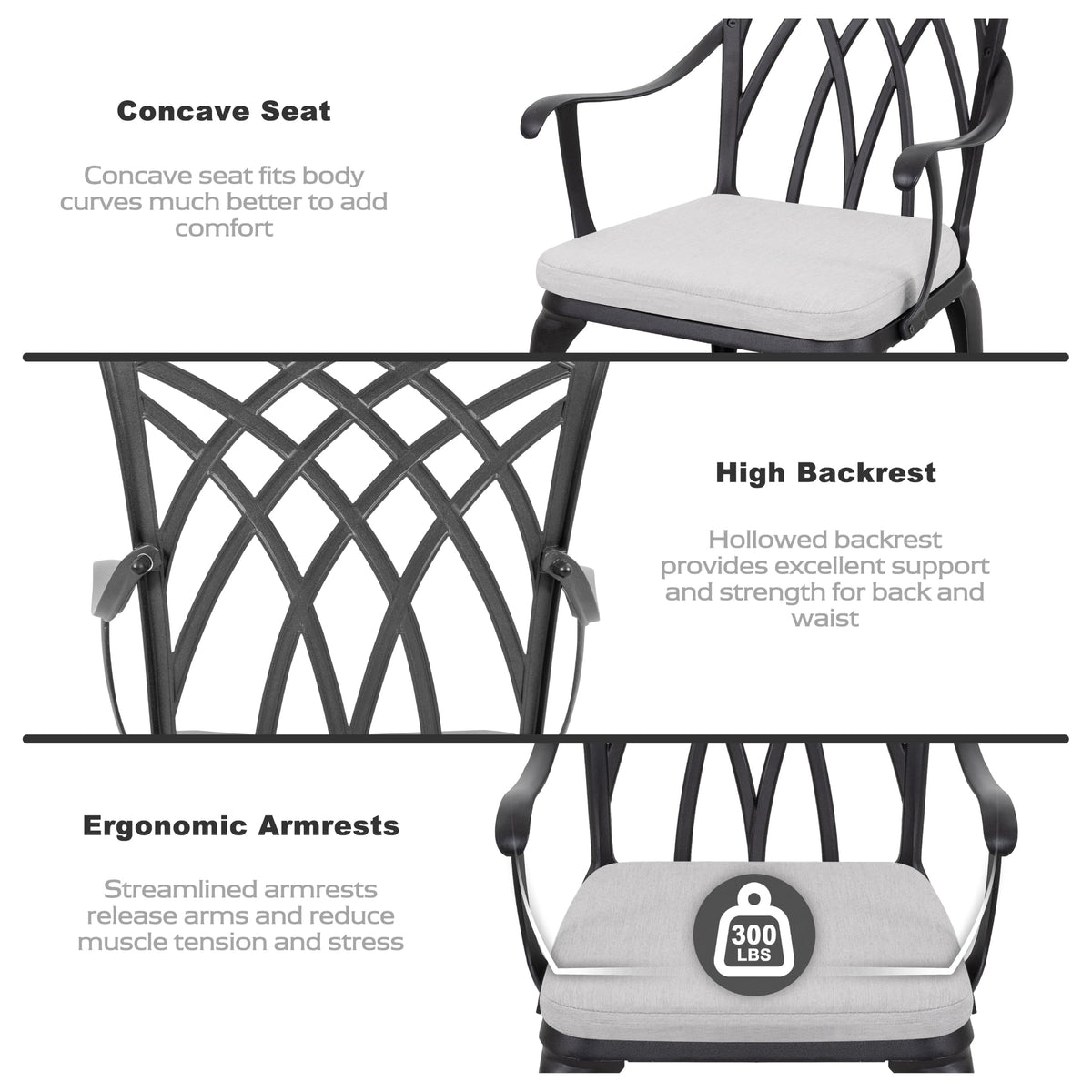 NUU GARDEN Outddor 3 Piece Bistro Set, Cast Aluminum Patio Furniture with Umbrella Hole and Grey Cushions for Patio, Garden, Balcony, Black