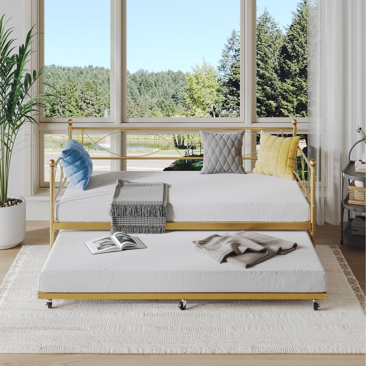IDEALHOUSE Metal Twin daybed with Trundle with Steel Slat Support