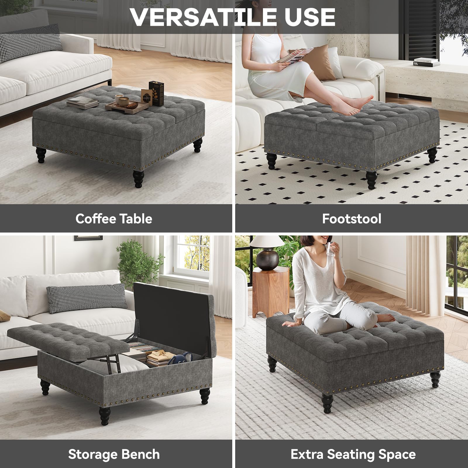 iabifo Large Square Leather Storage Ottoman Bench, Button Tufted Upholstered Coffee Table Ottoman with Solid Wooden Legs (Dark Gray)