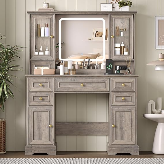 Farmhouse Vanity Desk with Mirror & Lights