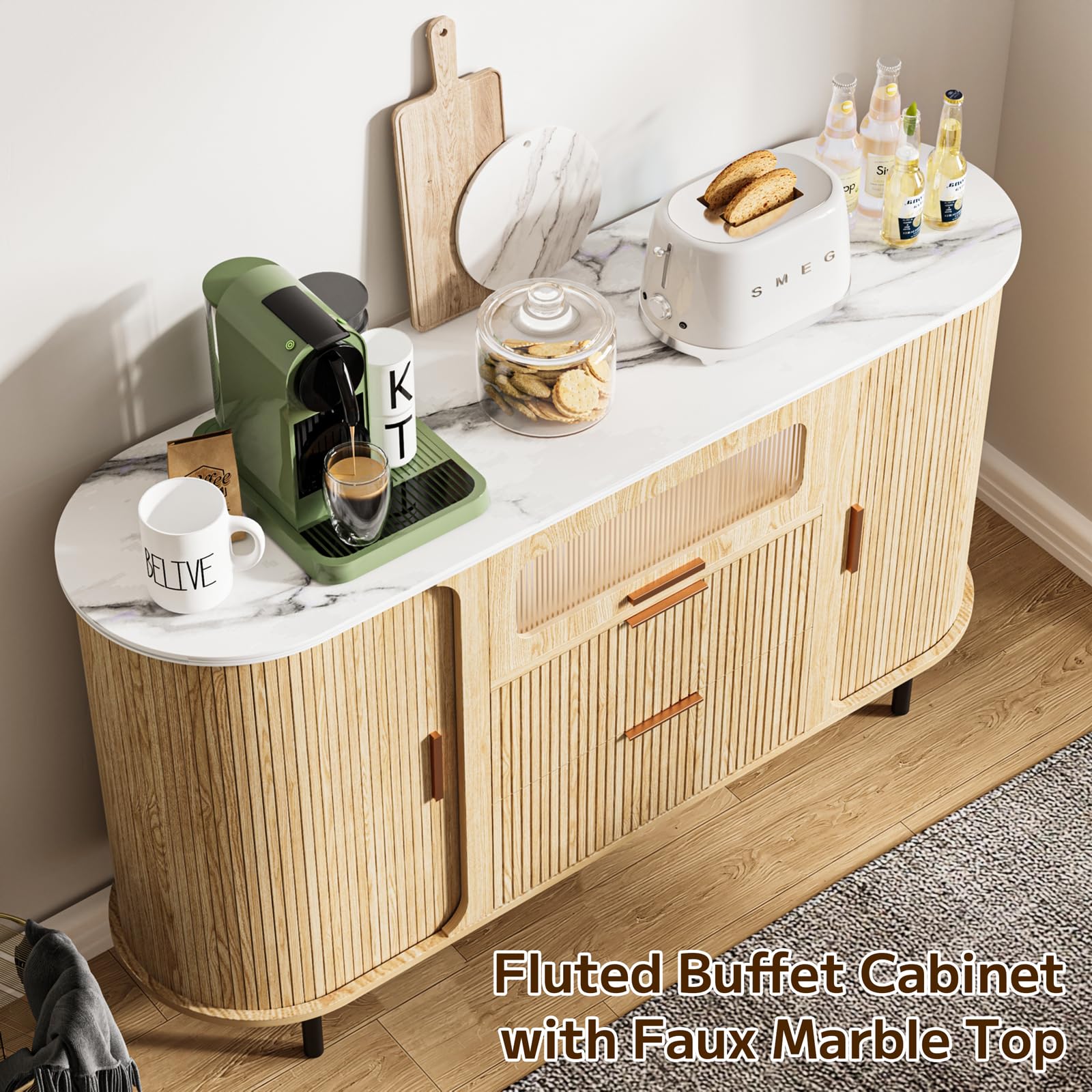 Cychuily 54" Fluted Sideboard Buffet Cabinet with Storage, Mid Century Coffee Bar with LED Light & Slide Doors, 2 Drawers, Modern Storage Cabinet for Kitchen, Living Room, Faux White Marble Top, Oak