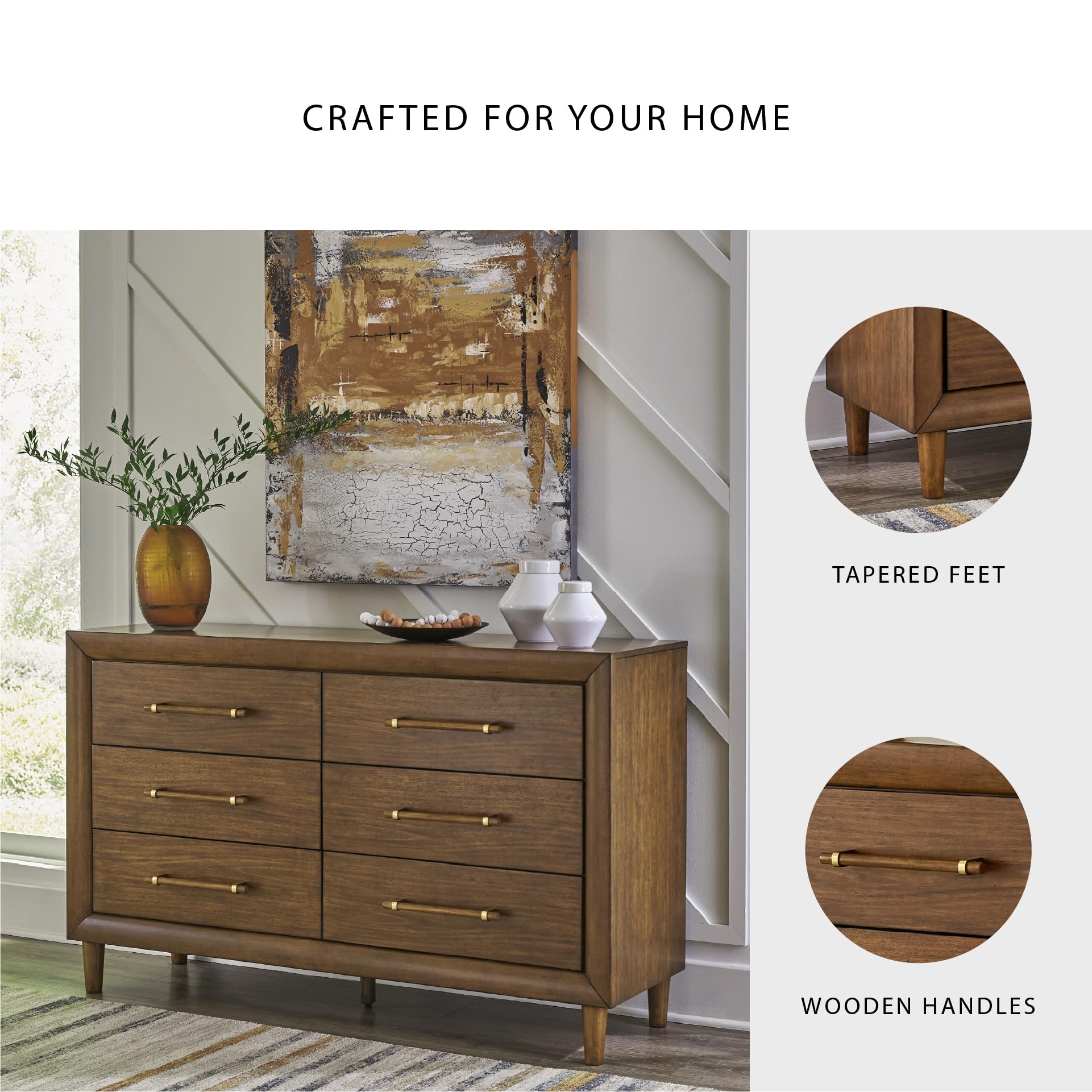 Signature Design by Ashley Lyncott Six-Drawer Dresser, Felt Lined Top Drawers, Round Tapered Legs, Hardwood Solids, 61.25' W x 17.88' D x 37.5' H, Brown