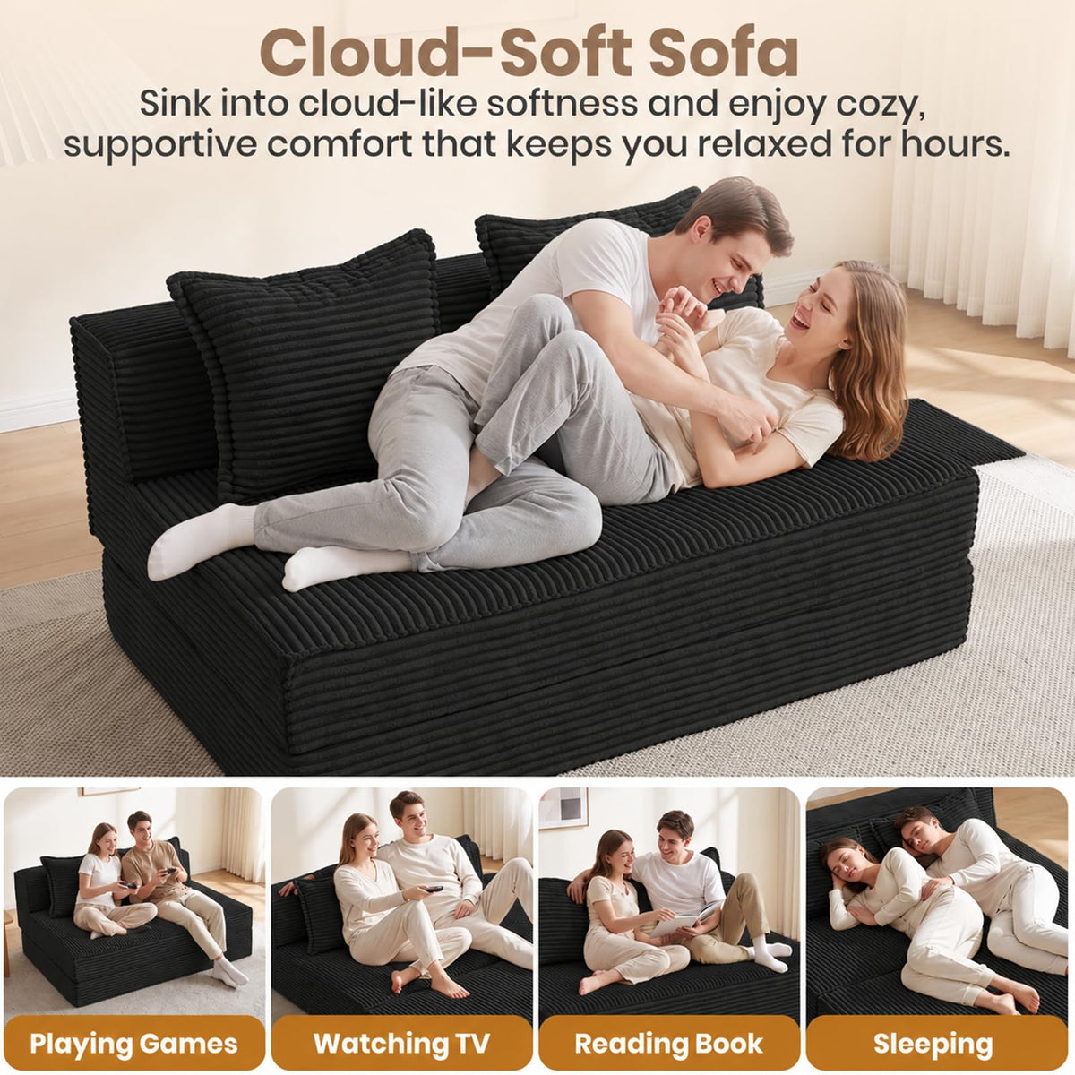 AOLVDOW Convertible Sofa Bed, Boneless Couch Loveseat Sleeper Chair Bed with 2 Pillows,Corduroy Floor Futon Folding Sofa Bed for Living Room Bedroom Guest Room (Black, Loveseat)