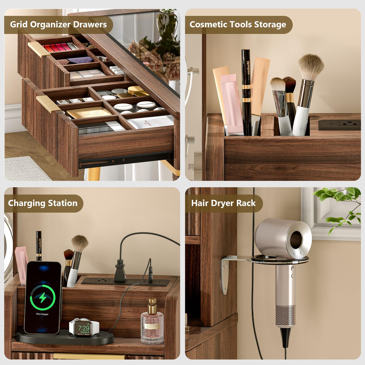 Fluted Glass Top LED Makeup Vanity