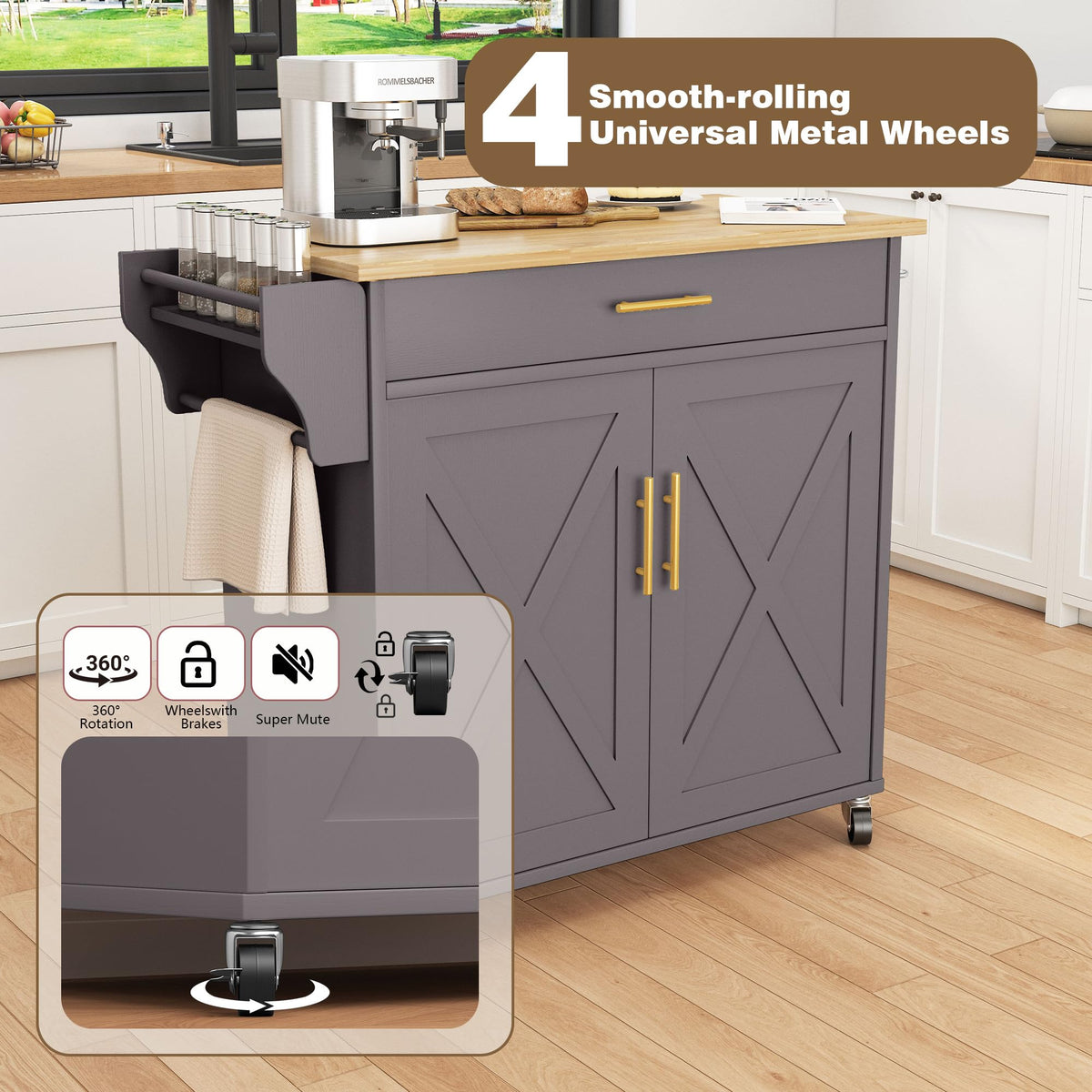 Pingliang Rolling Kitchen Island with Storage, 34.7'' Solid Wood Top, Grey