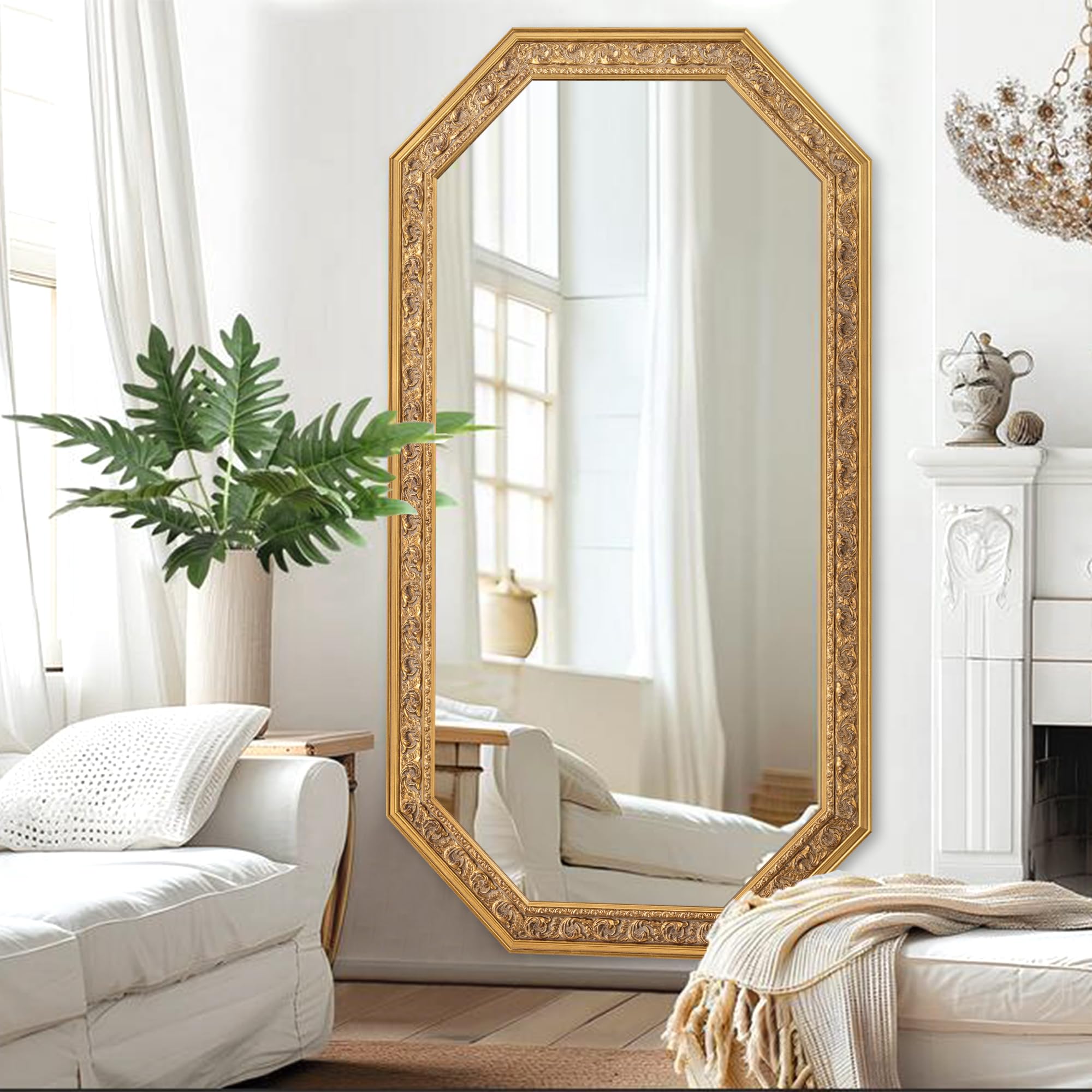 Octagonal Gold Wall Mirror with Carved Wood Frame