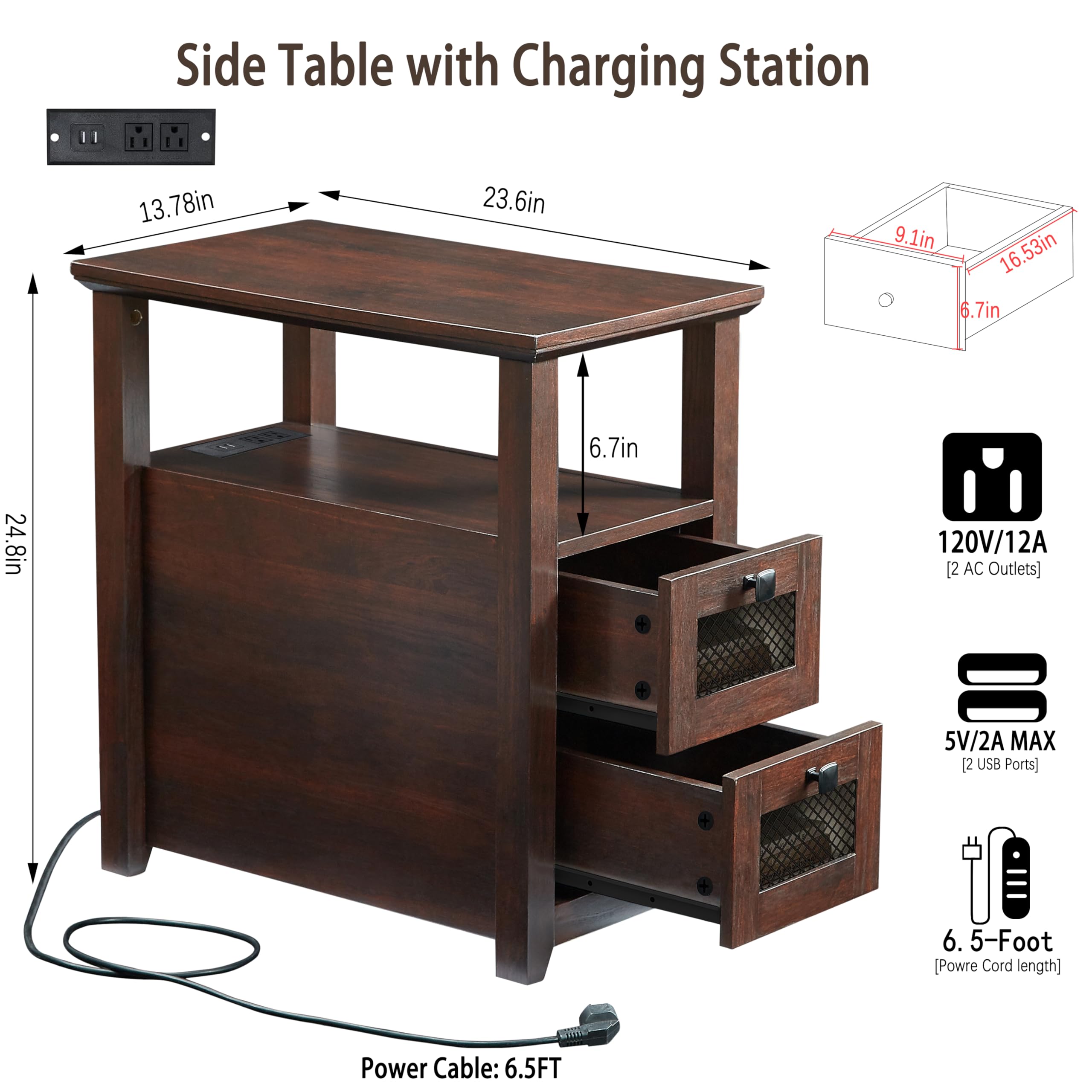 XXL End Table with Charging Station & 2 Drawers