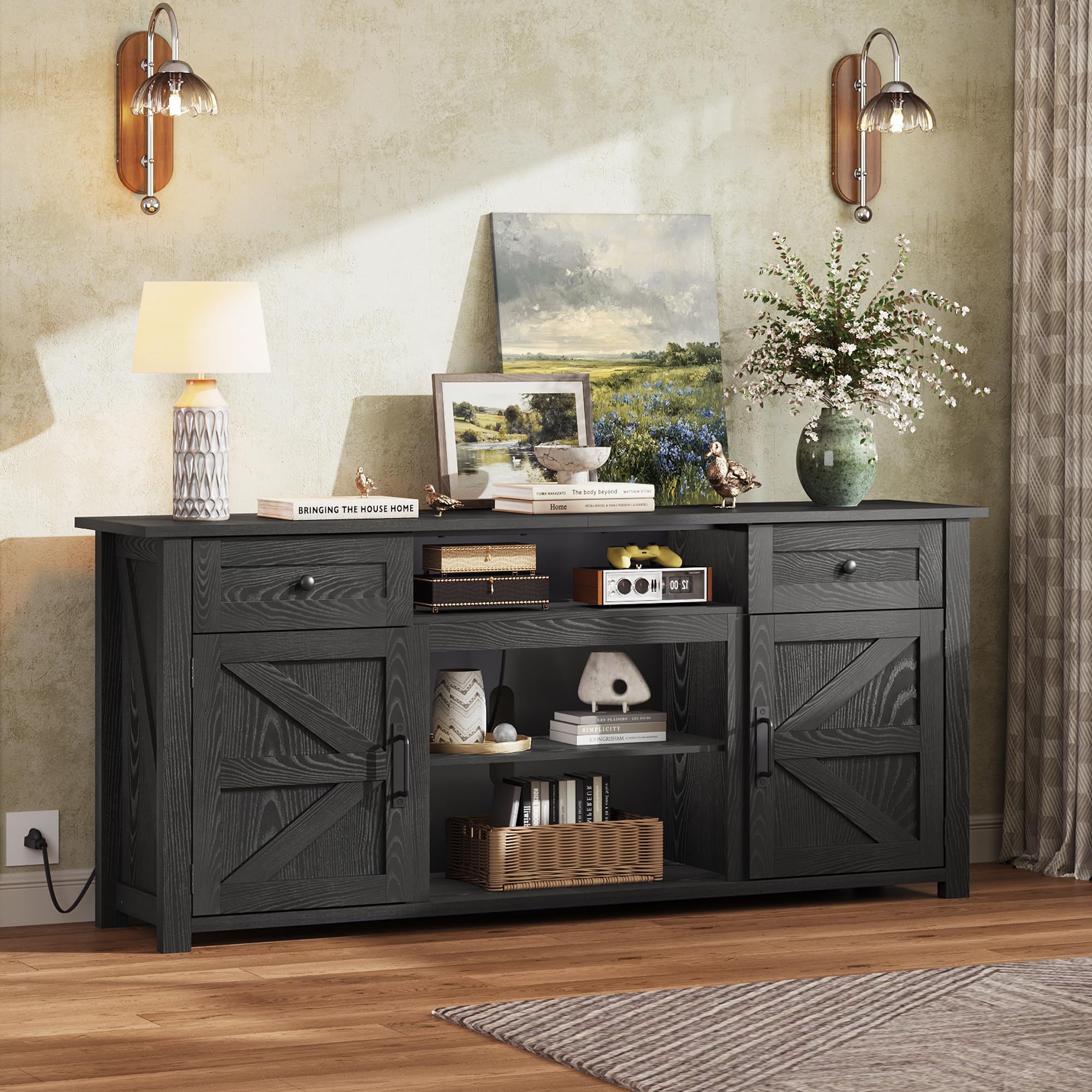 WLIVE TV Stand for 75/70 Inch TV, Entertainment Center with Storage & Power Outlet, Farmhouse Media Console Cabinet with Drawers and Adjustable Shelves for Living Room, Black