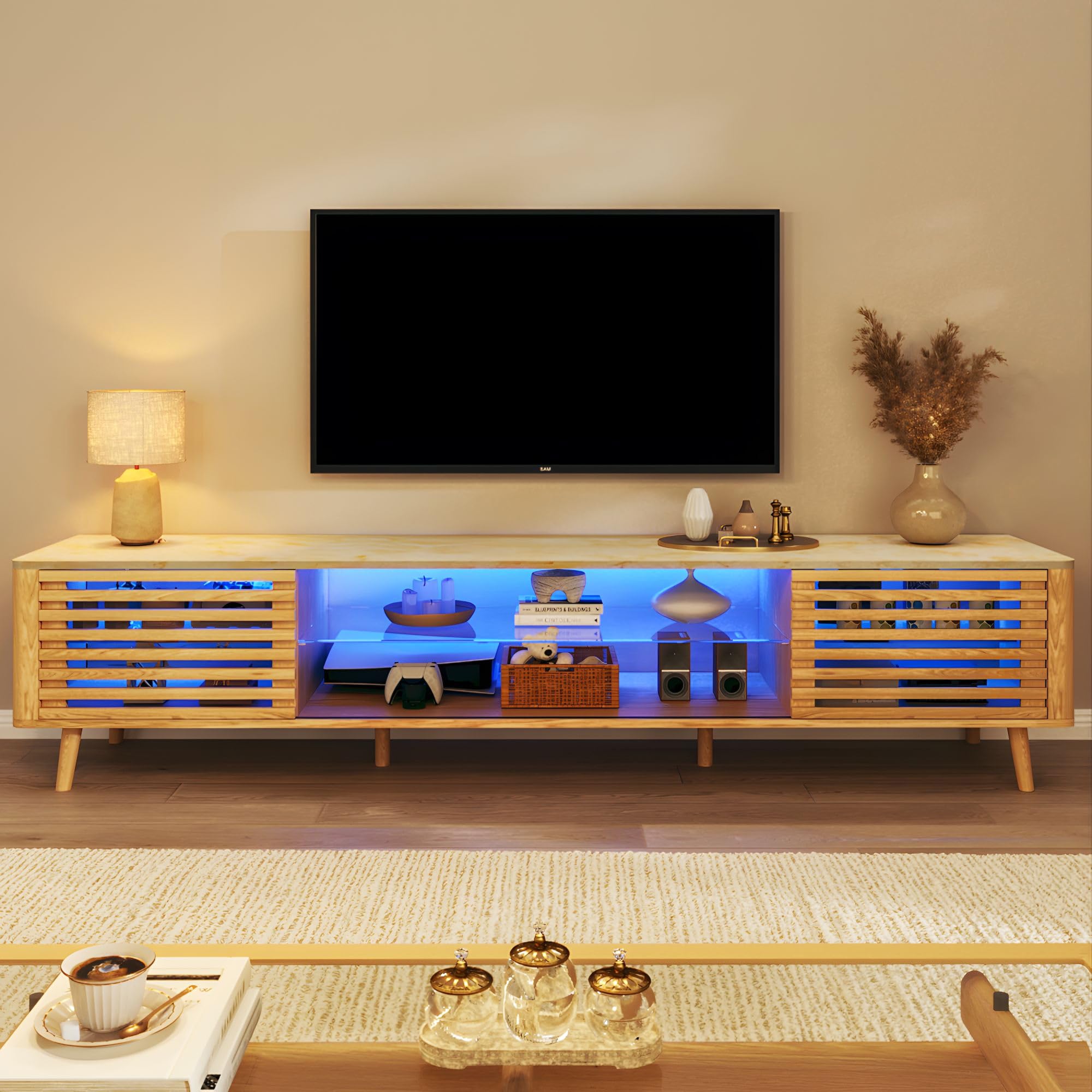 HUAHUU 70" TV Stand for 55/65/75 Inch TV, Faux Marble Top Entertainment Center with Slatied Sliding Door & LED Lights, Mid Century Modern Style, Low TV Console with Glass Shelves for Bedroom