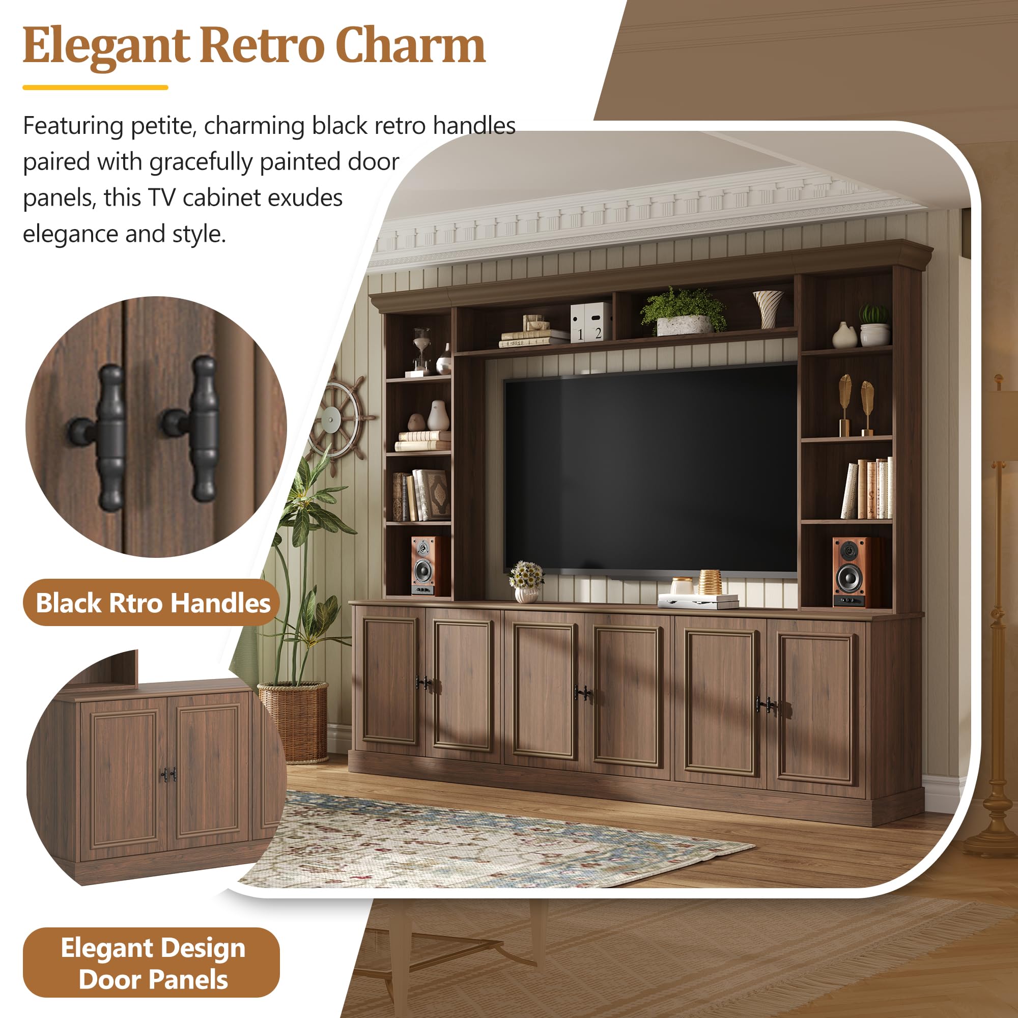 SOFTSEA 4-Piece Entertainment Center Wall Unit for TVs up to 70", Large TV Stand with 6 Doors & Adjustable Shelves, Mid-Century Modern Wall Unit with Bookshelves for Living Room, Walnut