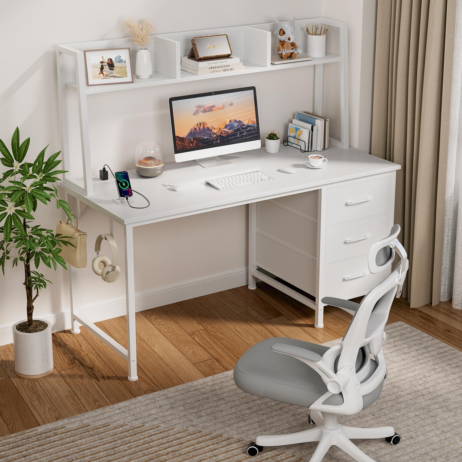 47" Computer Desk with Hutch, 3 Fabric Drawers & Power Outlets