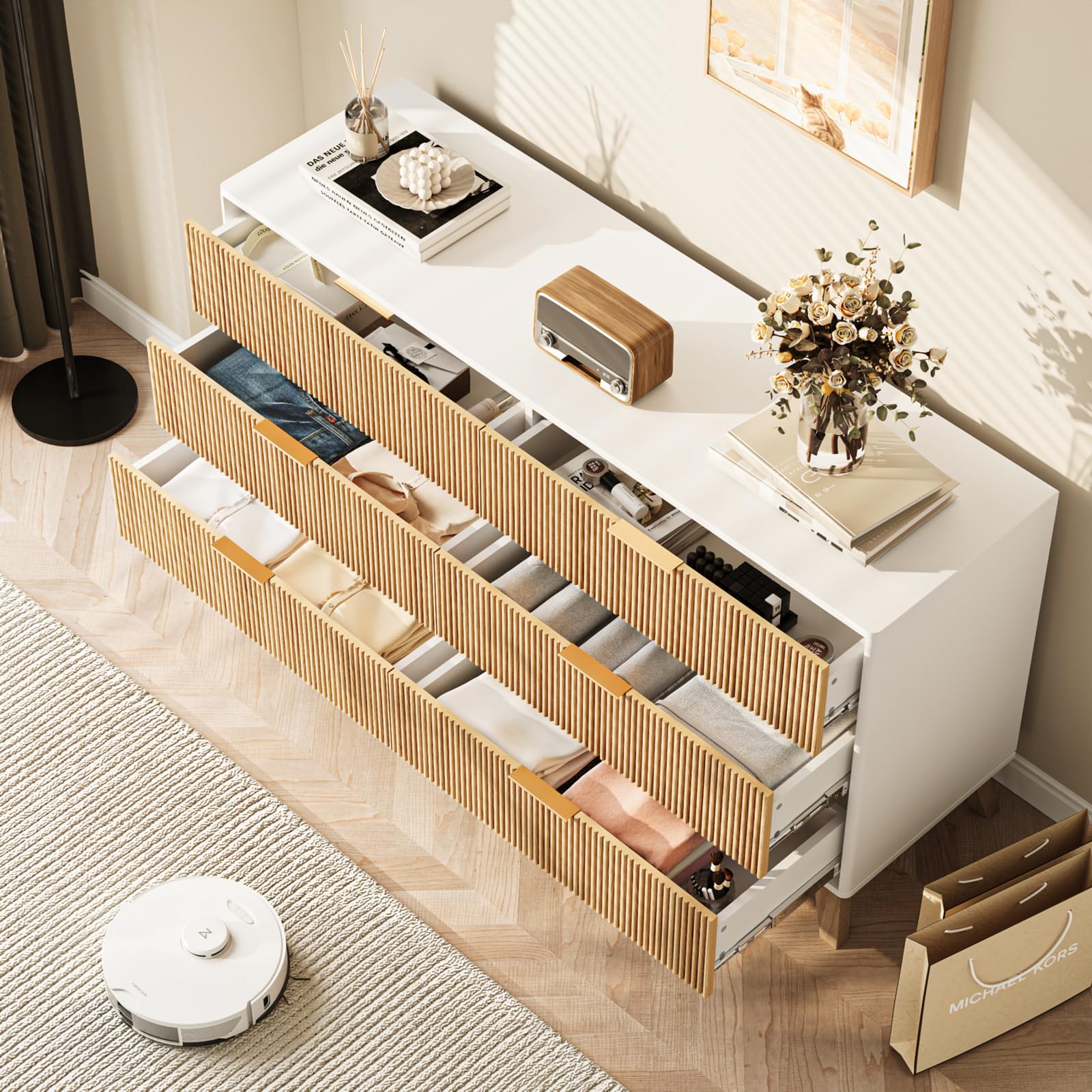 Fluted 6-Drawer Dresser with Wood Legs