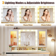 HUAHUU Vanity Desk with Mirror and RGB Lights, 43" Large Makeup Vanity with Glass Top, 4 Large Glass Cabinets, Power Outlet & 3 Drawers, 3 Colors Lighting Adjustable Brightness for Bedroom, White