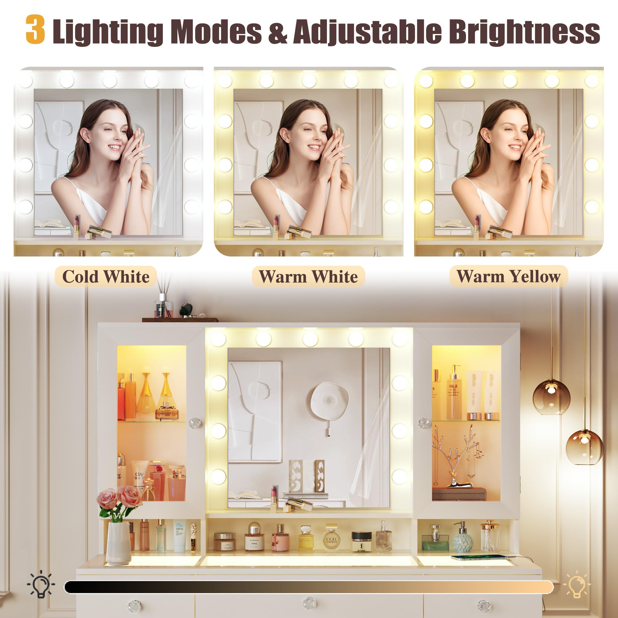 HUAHUU Vanity Desk with Mirror and RGB Lights, 43" Large Makeup Vanity with Glass Top, 4 Large Glass Cabinets, Power Outlet & 3 Drawers, 3 Colors Lighting Adjustable Brightness for Bedroom, White