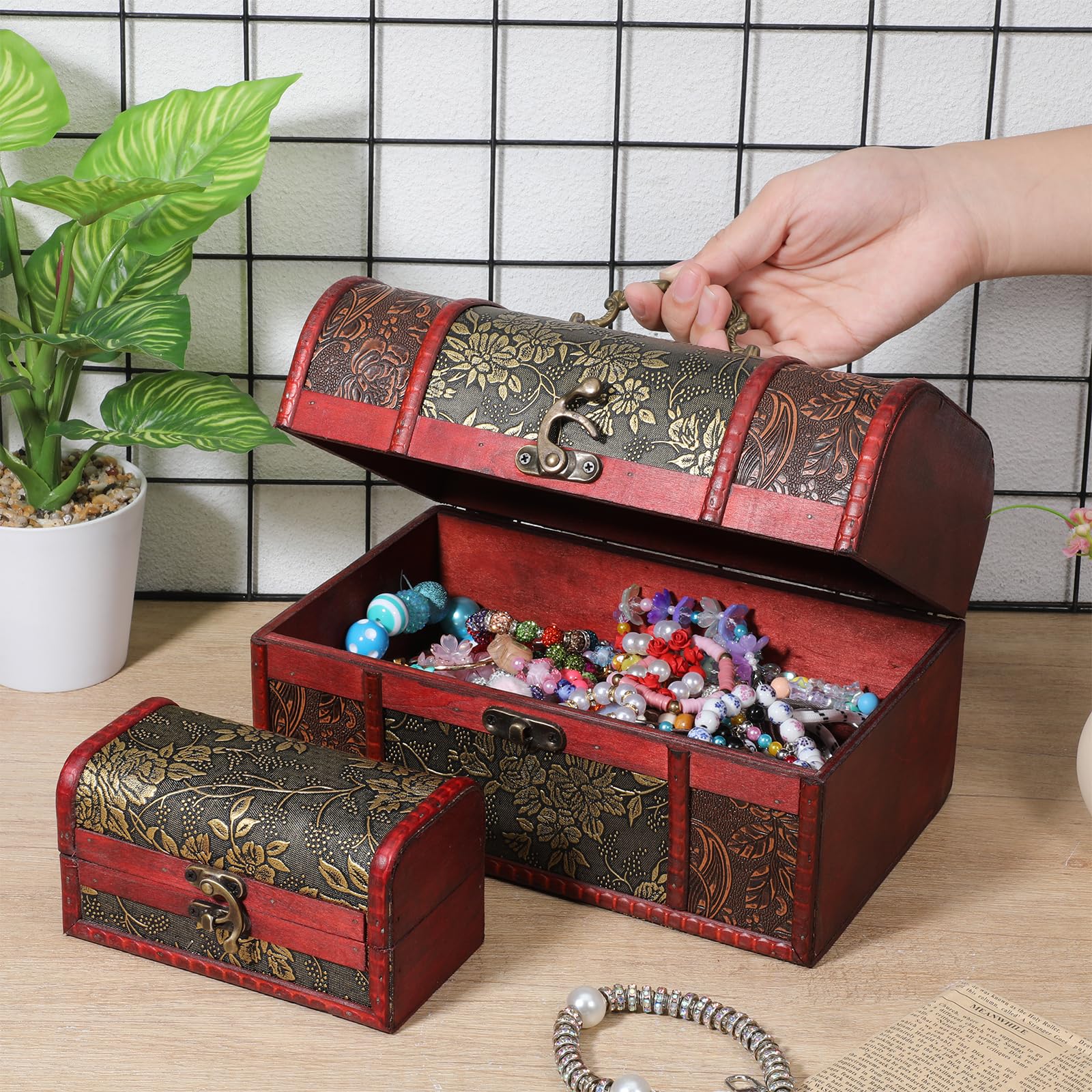 Vintage Wooden Treasure Chest Storage Box Set of 2