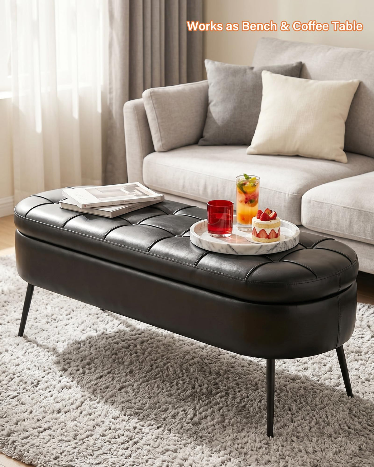 VATROS Storage Ottoman Bench, 43.7" PU Leather End of Bed Bench Black
