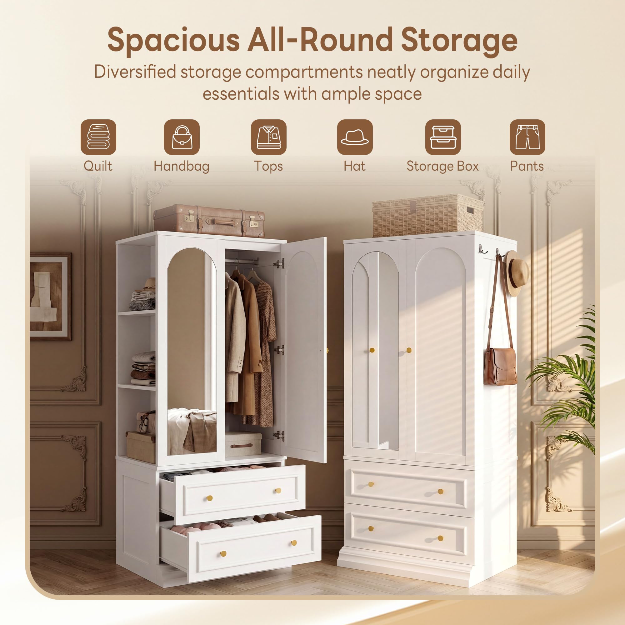 LIKIMIO Armoire Wardrobe Closet with Full Length Mirror, 3 Open Shelves, 71" Freestanding Bedroom Armoire with 2 Drawers, 3 Side Hooks & Hanging Rod, Clothing Storage Cabinet for Bedroom, White