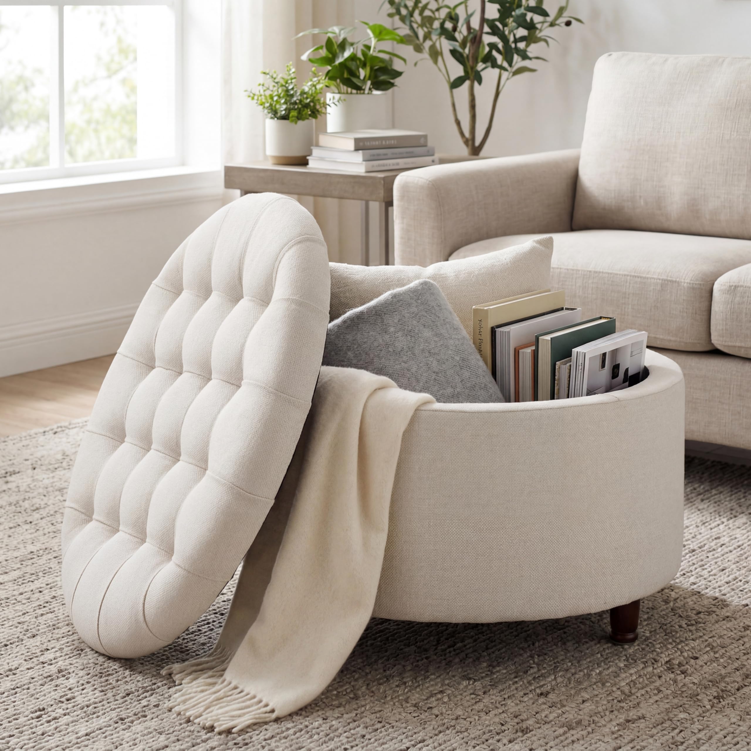 28" Round Storage Ottoman with Wooden Legs – White