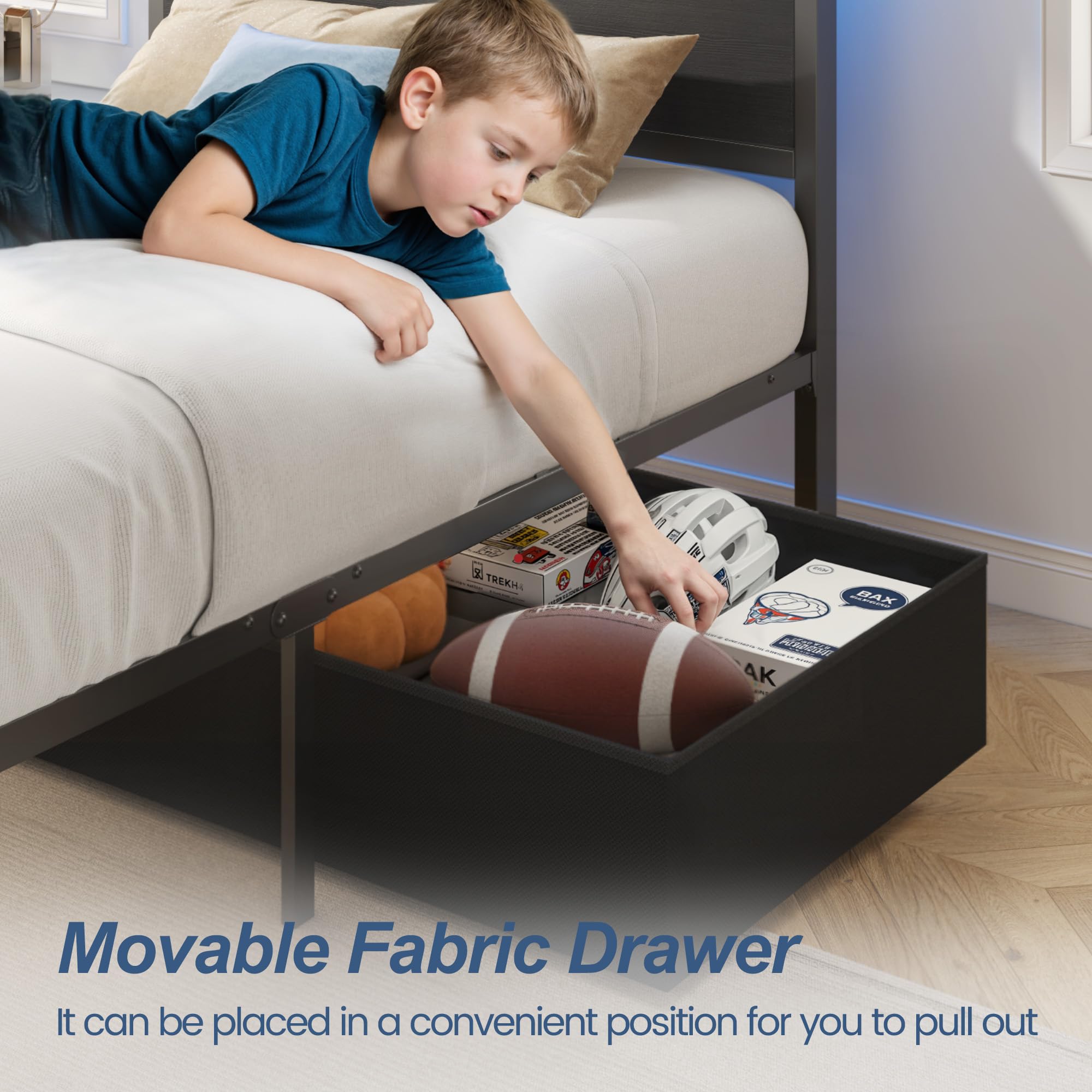 Twin Bed Frame with Storage Headboard, LED Lights & Charging Station