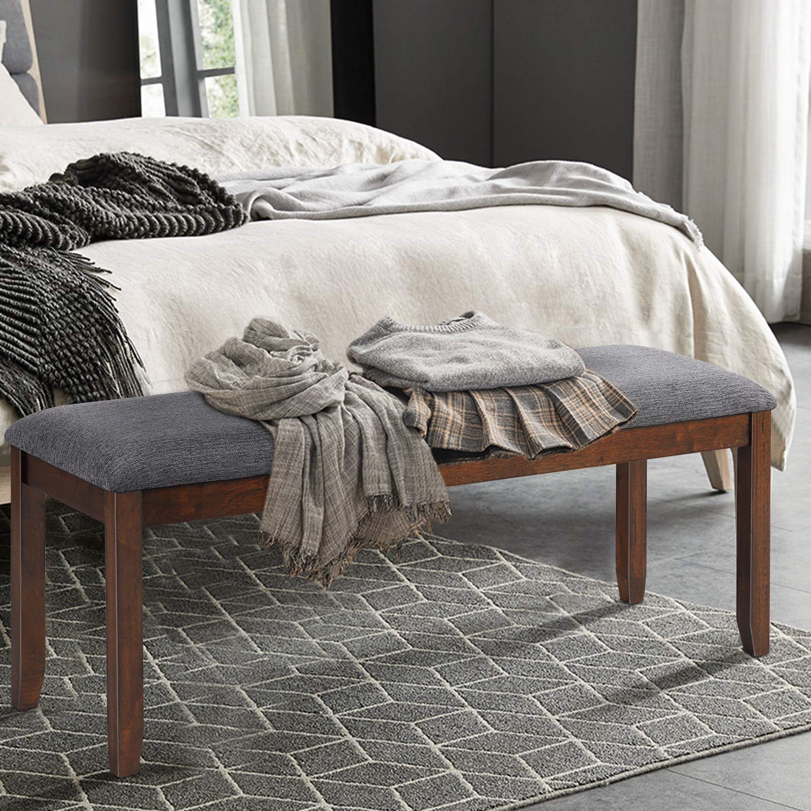 Giantex Dining Room Bench with Upholstered Padded Seat, 660lbs Capacity, 47.5" x 15.5" x 19.5" Ottoman, Wood Kitchen Table Bench for Entryway, Bedroom End of Bed, Grey
