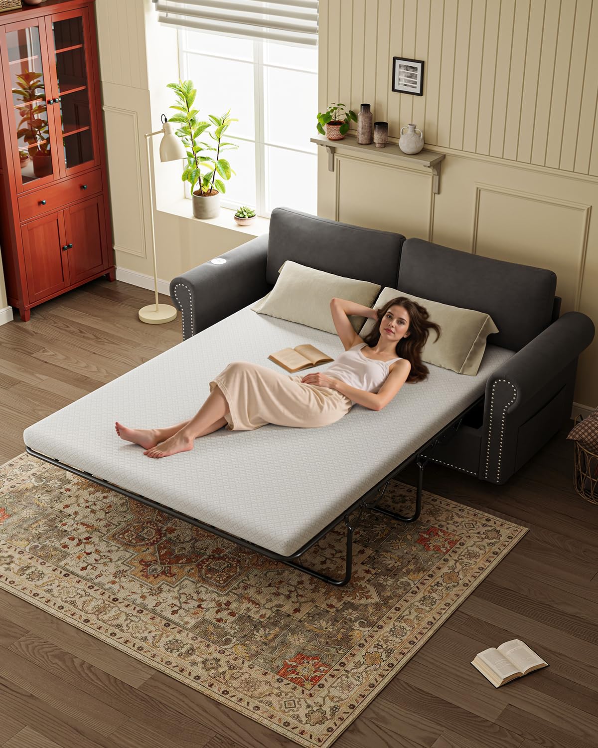 Queen Pull Out Sofa Bed | 83" Large Sleeper Sofa with Queen Size Mattress | 2-in-1 Convertible Loveseat Sofa-Bed with USB Ports Side Pockets Dark Grey