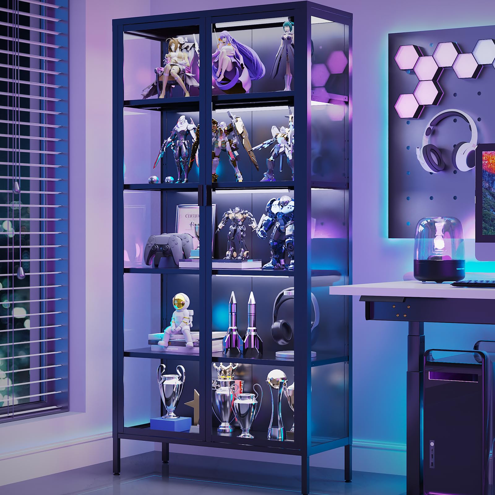 5-Tier Glass Display Cabinet with LED Sensor Lights & Adjustable Shelves