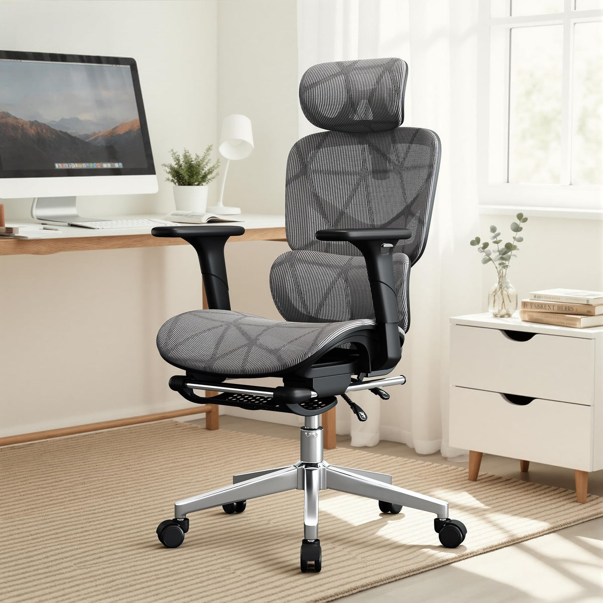 Mesh Office Chair with 4D Adjustable Lumbar Support,Ergonomic Computer Chair,400lbs Capacity,Steel-Frame Base/Foot,Adjustable Headrest and Armrests,Premium Desk Chair for Office & Gaming(Grey)