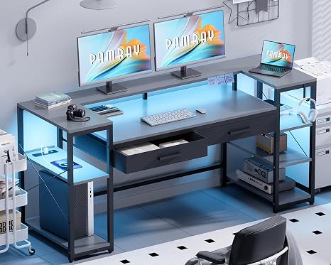 58-Inch Computer Desk with Monitor Stand, LED Lights & Power Outlets