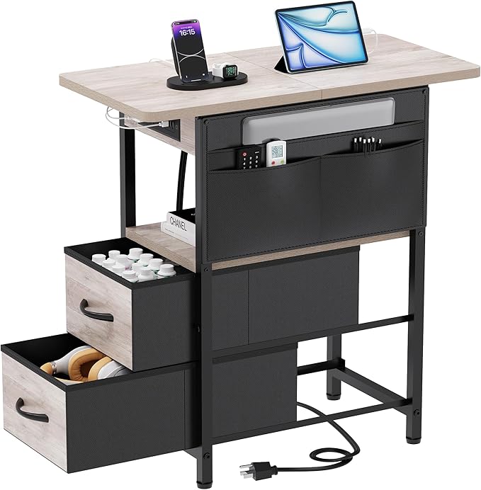 Nightstand Side Table with Charging Station & Storage Pocket
