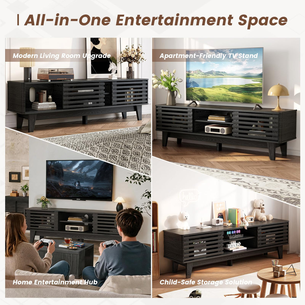 Luoxiao TV Stand with Storage, 59" Modern Black Wood Entertainment Center