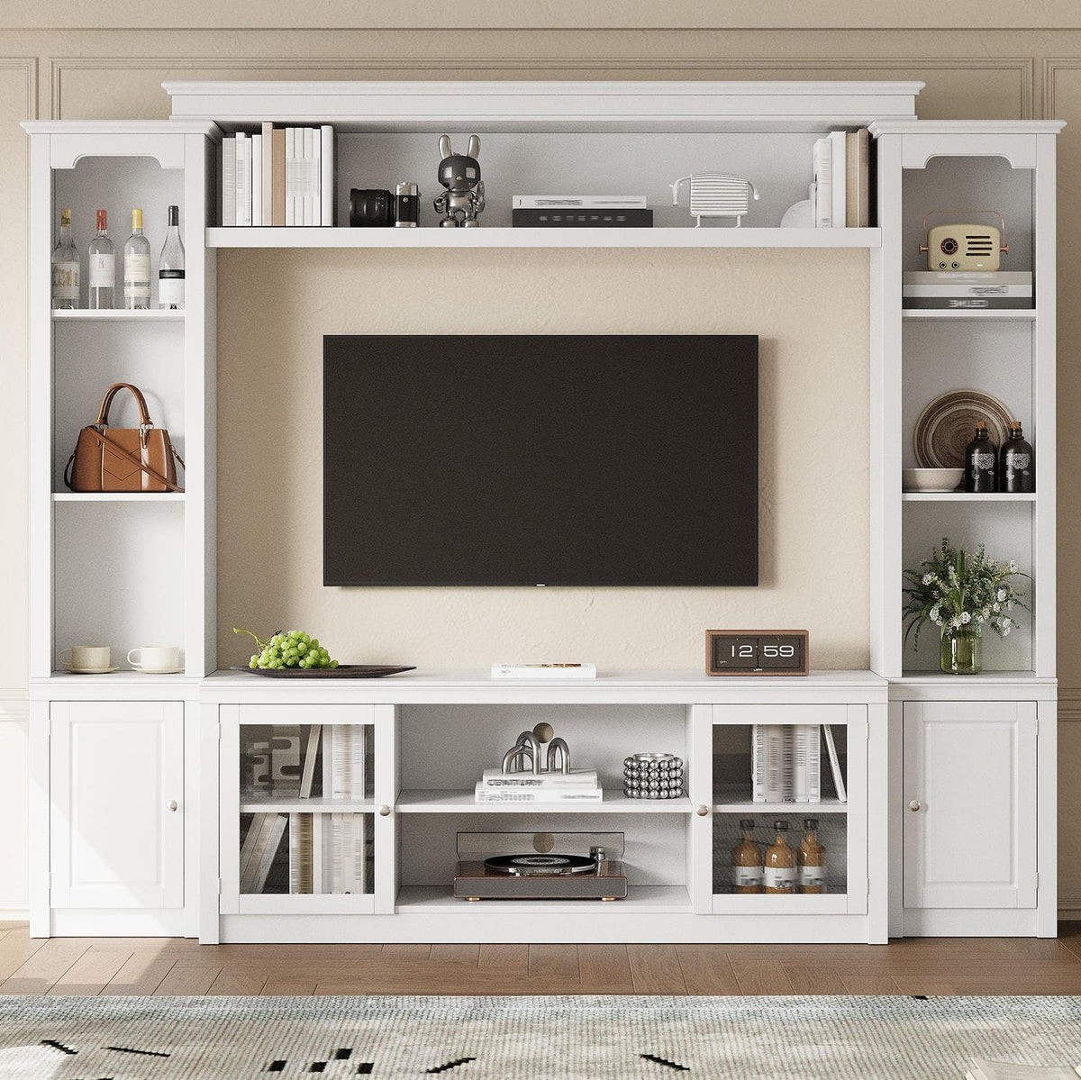 Virubi 4-Piece Entertainment Center with Bookshelf for 65" TVs, White