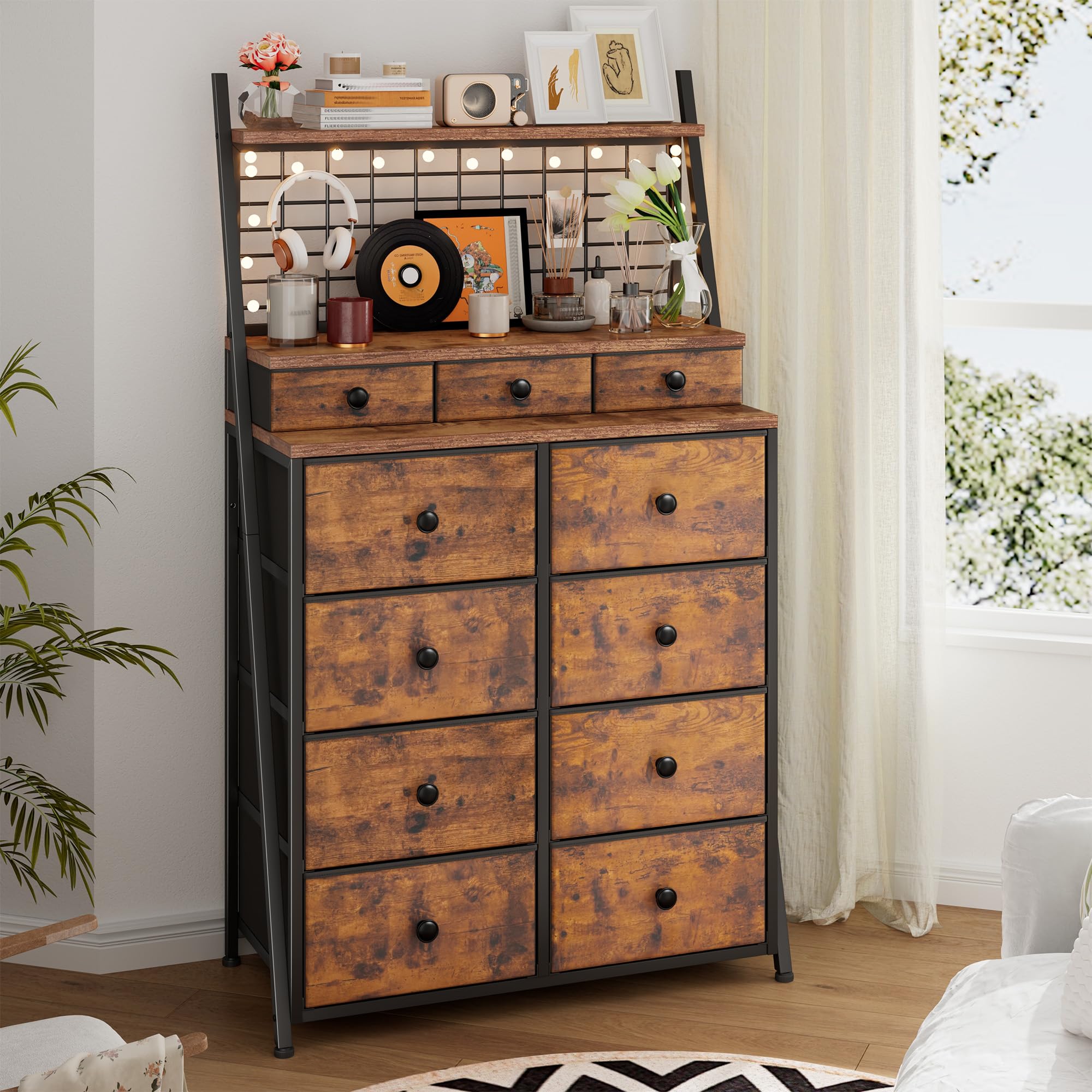 EnHomee 51" H Dressers & Chest of Drawers with 11 Drawers & LED Light, Bedroom Dresser with Wire Grid Panels & Open Shelves for Entryway, Dorm, Rustic Brown, 11.8" D x 33.9" W x 51.2" H