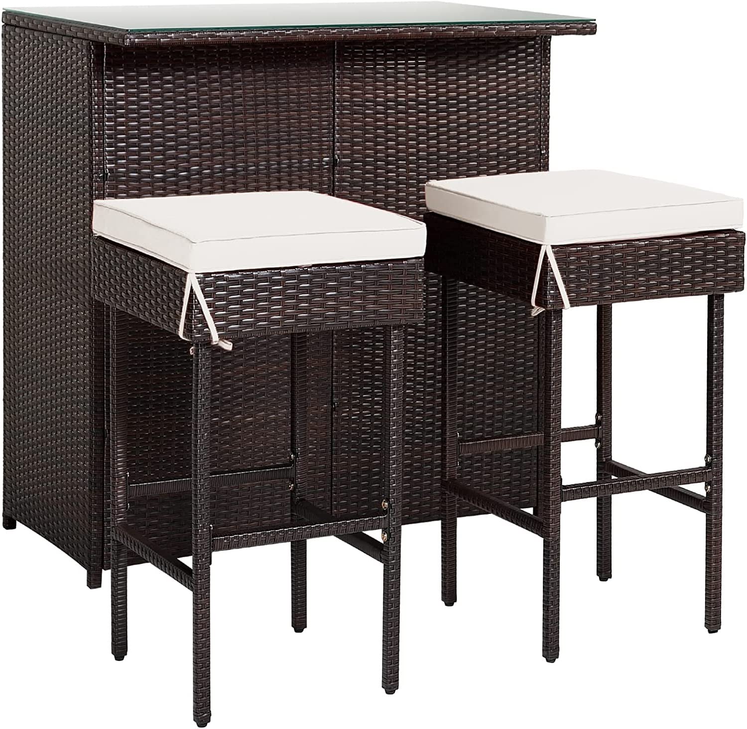 HAPPYGRILL 3-Piece Patio Bar Set Rattan Wicker Bar Stools & Table with Cushions, Storage Shelves, Glass Table Top, for Poolside Garden Balcony Deck Porch