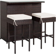 HAPPYGRILL 3-Piece Patio Bar Set Rattan Wicker Bar Stools & Table with Cushions, Storage Shelves, Glass Table Top, for Poolside Garden Balcony Deck Porch