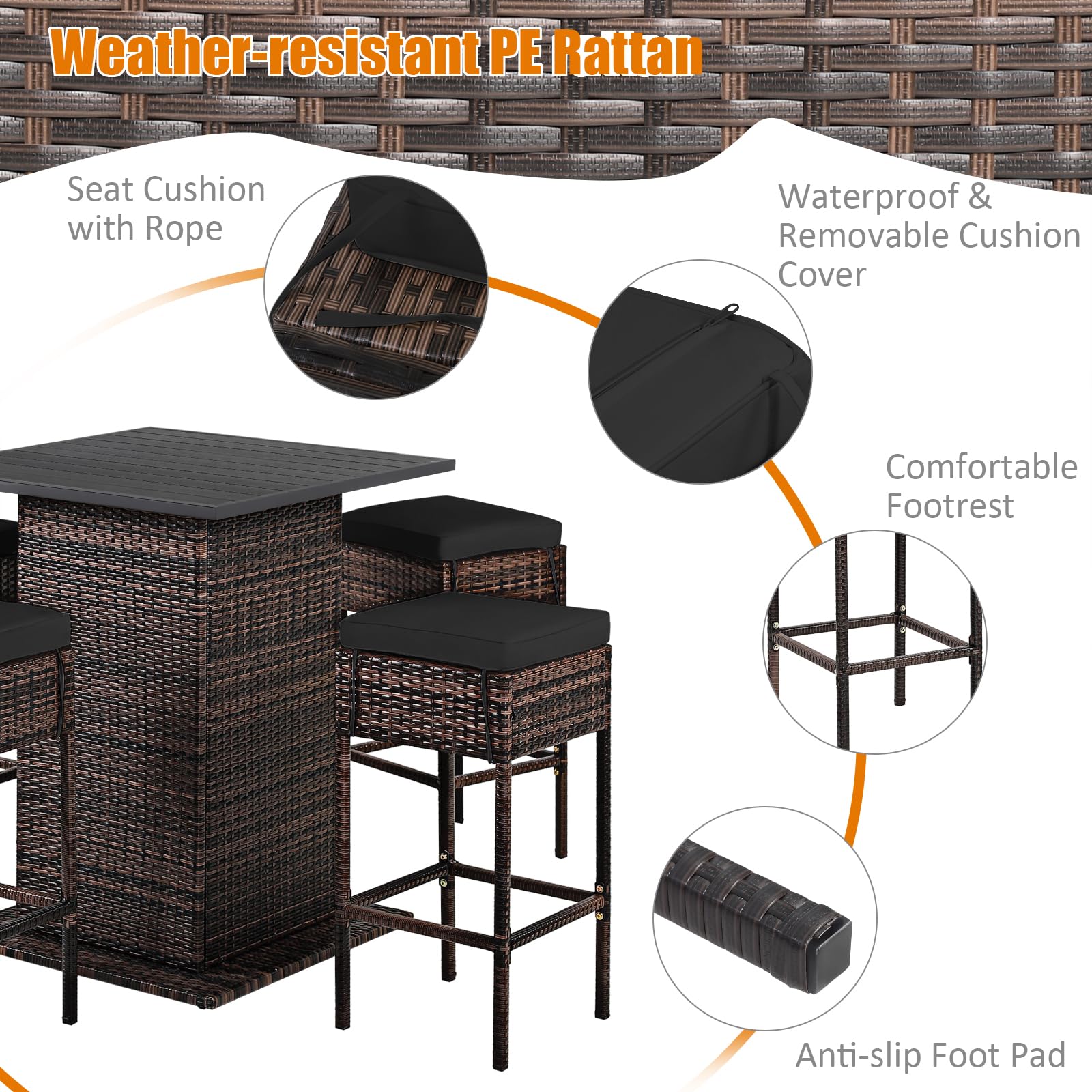 RELAX4LIFE 5-Piece Outdoor Bar Set, Wicker Rattan Bar Height Patio Set w/4 Cushion Bar Stools & Table with Hidden Storage, 5PCS Outdoor High Top Table and Chairs Set for Backyard Poolside (Black)