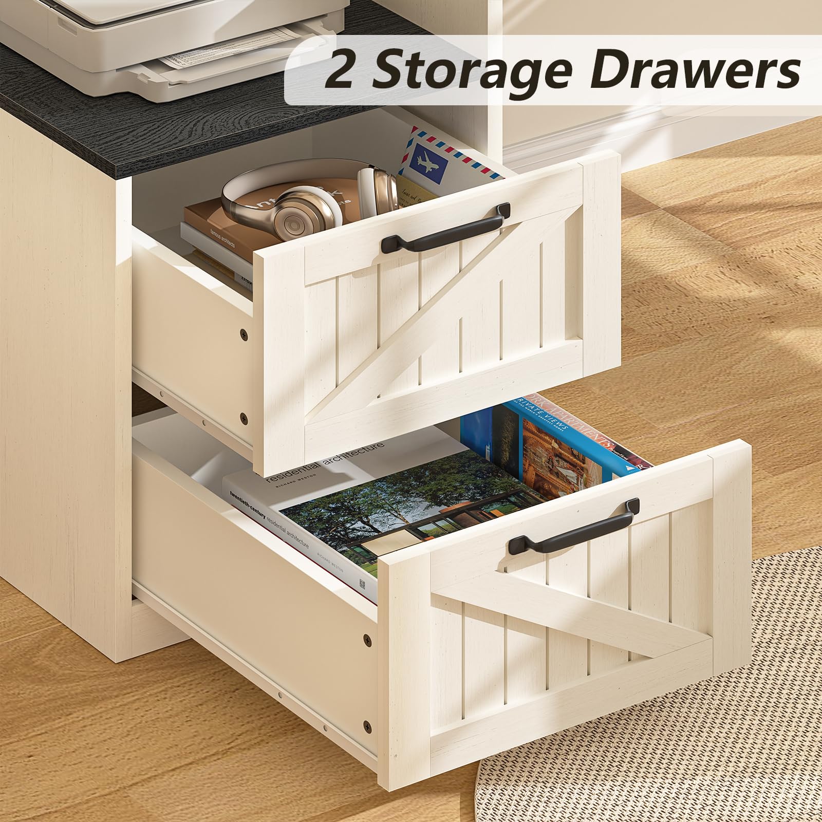 YOMILUVE 63" Farmhouse L Shaped Executive Desk with Drawers & Storage Shelf, Corner Computer Desk with Power Outlets, L Shaped Office Desk with Monitor Stand, Printer Shelf, Black and White