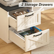 YOMILUVE 63" Farmhouse L Shaped Executive Desk with Drawers & Storage Shelf, Corner Computer Desk with Power Outlets, L Shaped Office Desk with Monitor Stand, Printer Shelf, Black and White