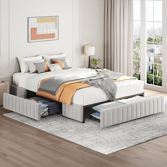 Upholstered Platform Bed with Storage Drawers