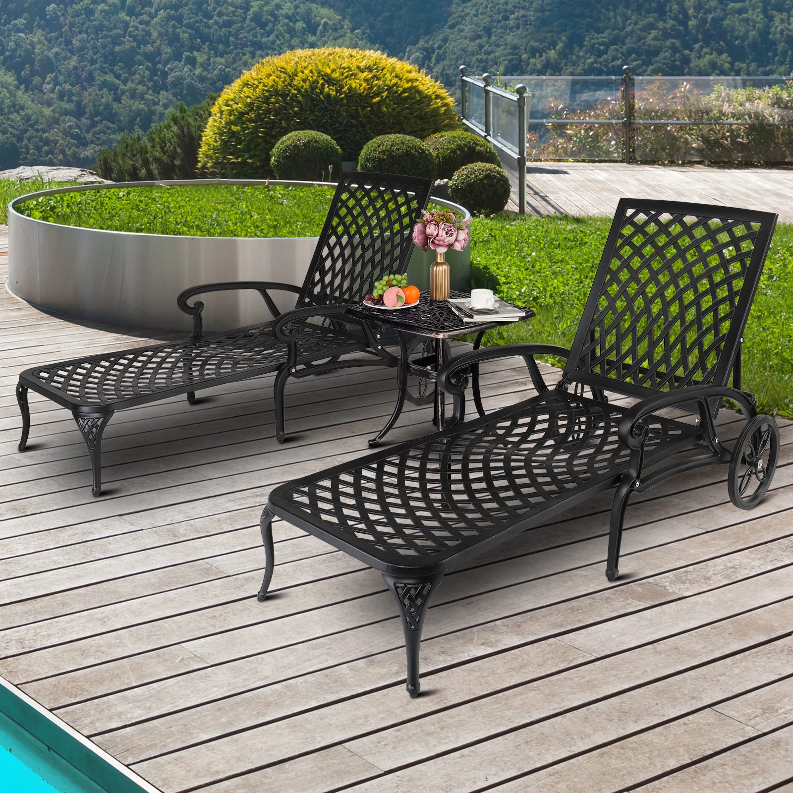 Outdoor Chaise Lounge Chair with Adjustable Backrest & Wheels