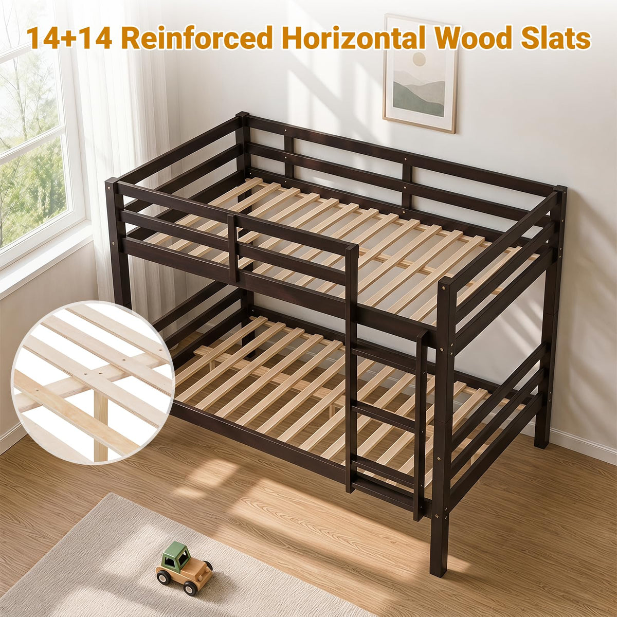 Kiivakii Full Over Full Bunk Bed with Thick Posts, Wood Bunkbed, Espresso